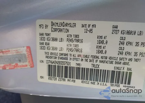 2006 Dodge Dakota Slt из США, поврежденный, VIN 1D7HW42N26S557531